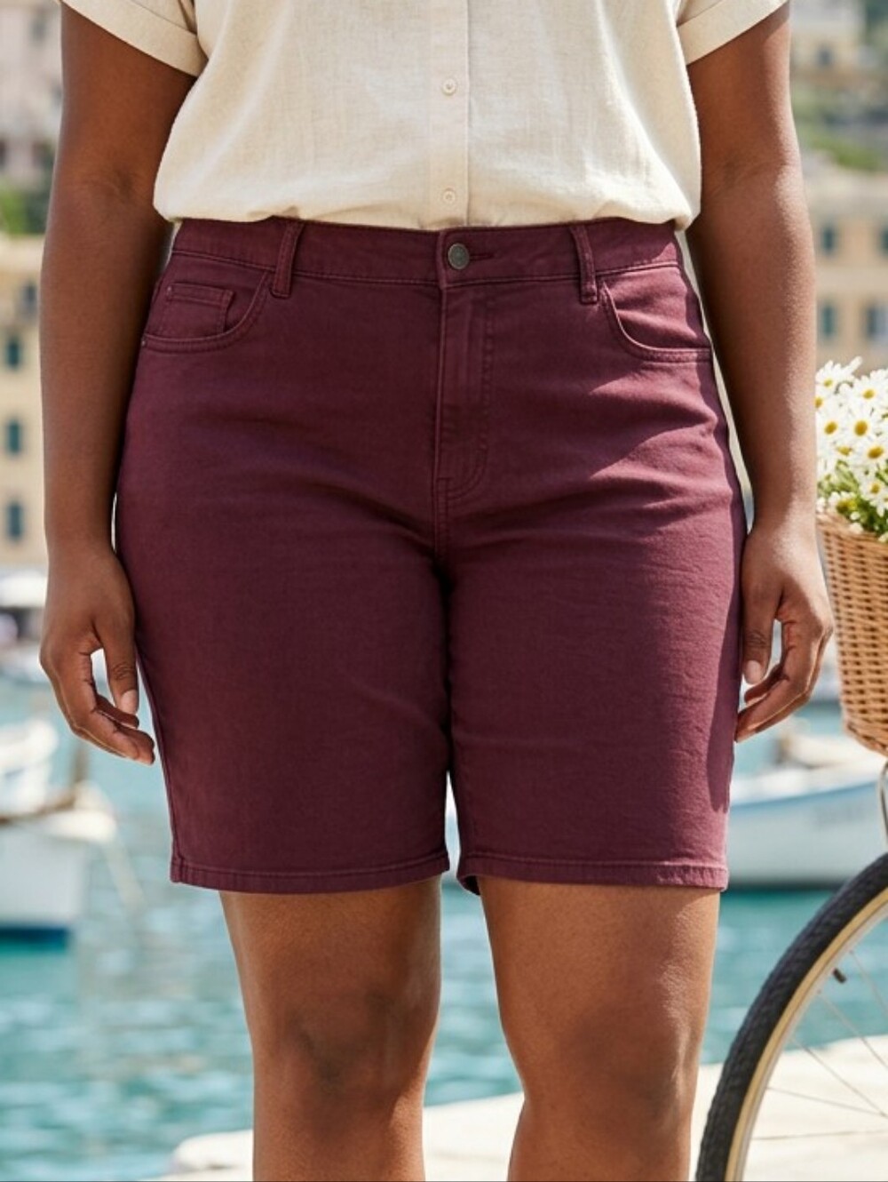 Warp + Weft Lisbon Boyfriend Shorts 18W Burgundy High Rise Stretch Denim Midi